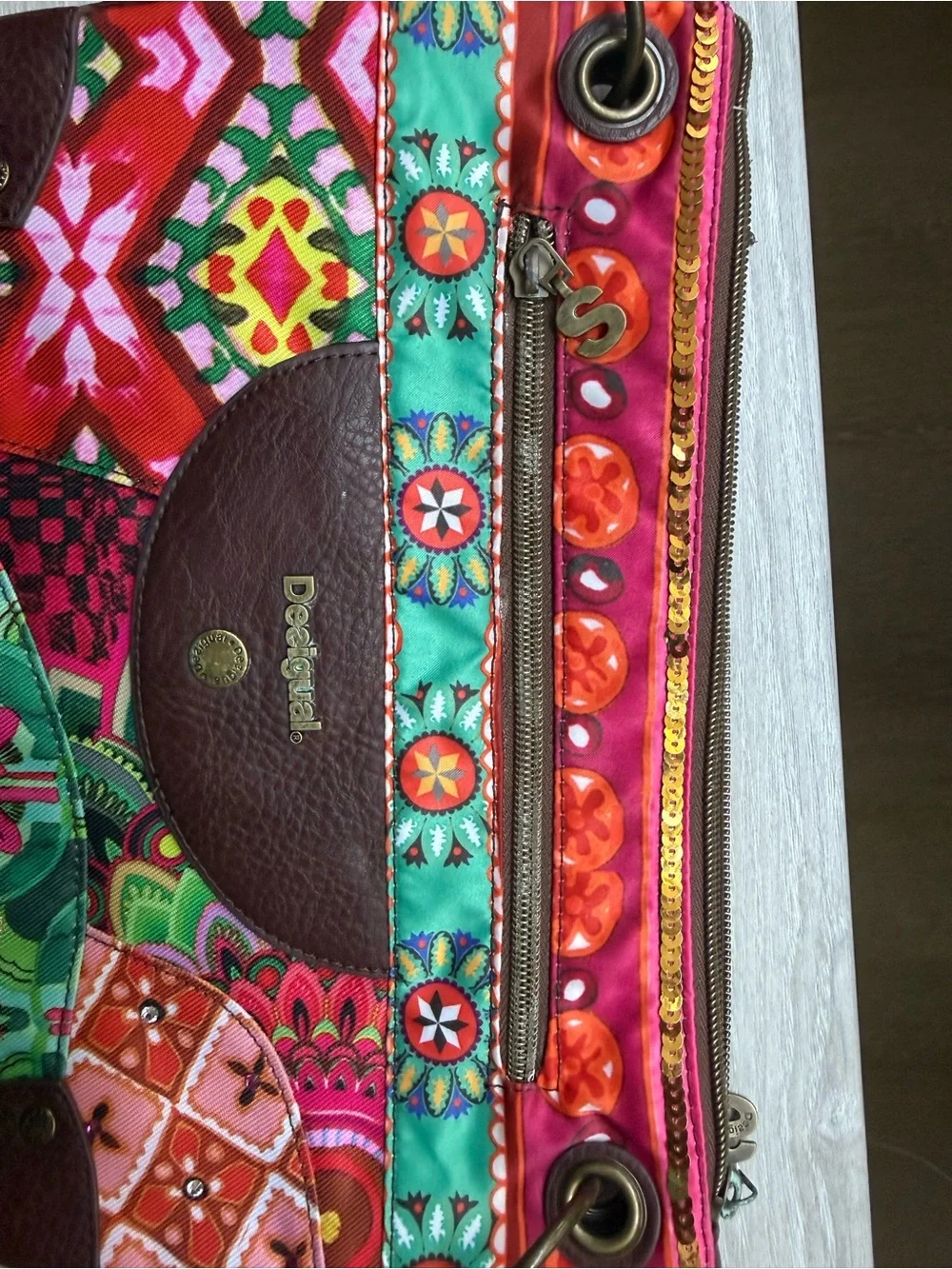 Desigual Multicolor Floral Geo Patch Crossbody with Brown Trim - Picture 16 of 17